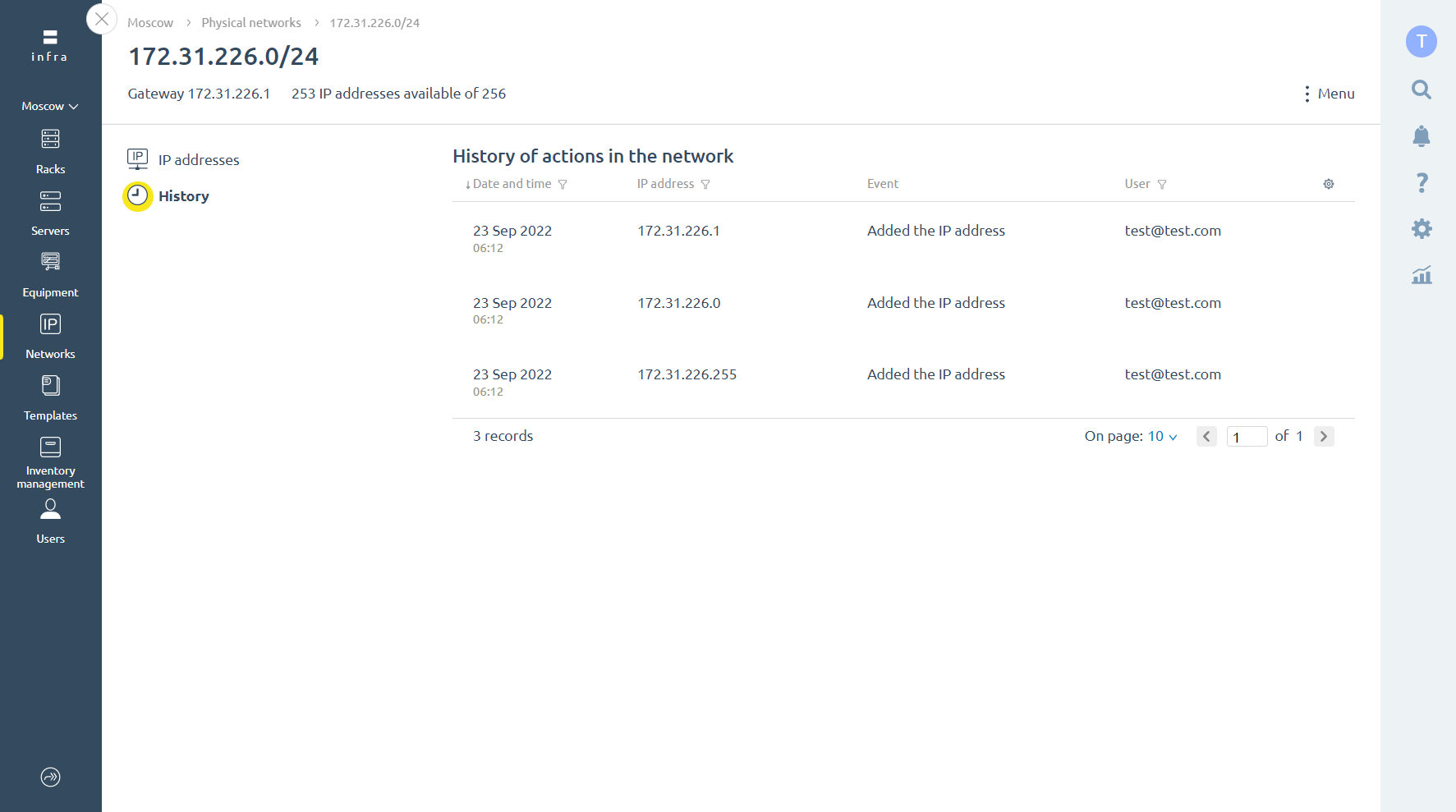 DCImanager shows the history of network activities